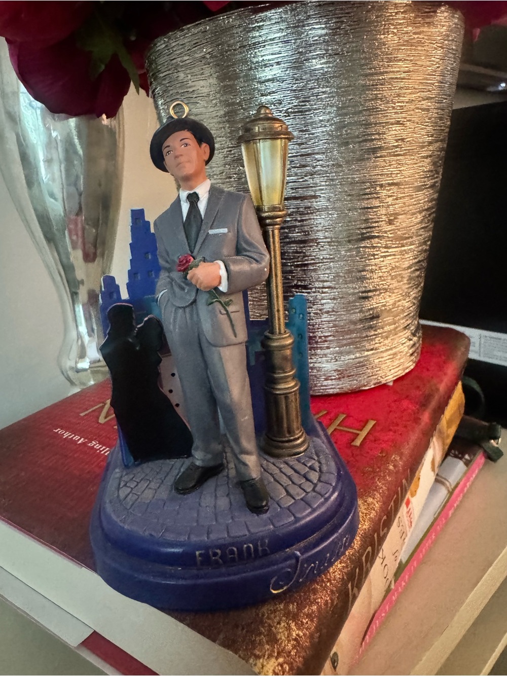 Carlton Cards Gray Frank Sinatra Figurine with Blue Base and Gold Lamppost music